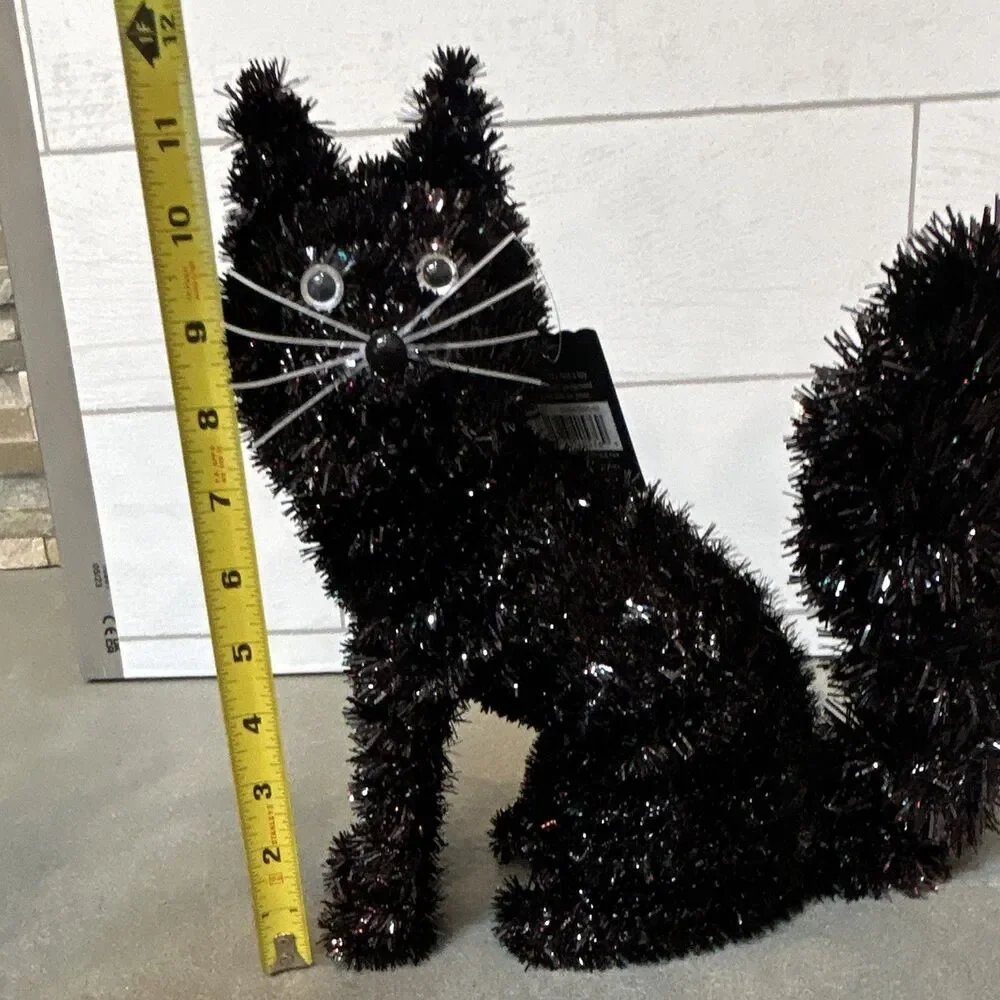 Ashland Halloween Black Tinsel Sitting Cat & Bat Decor w/ Faux Straw Bale